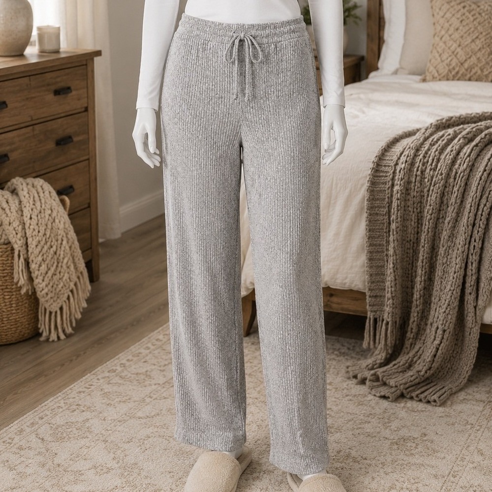 Soma Womens Lounge Pants Gray Ribbed Knit Wide Leg Drawstring Large
